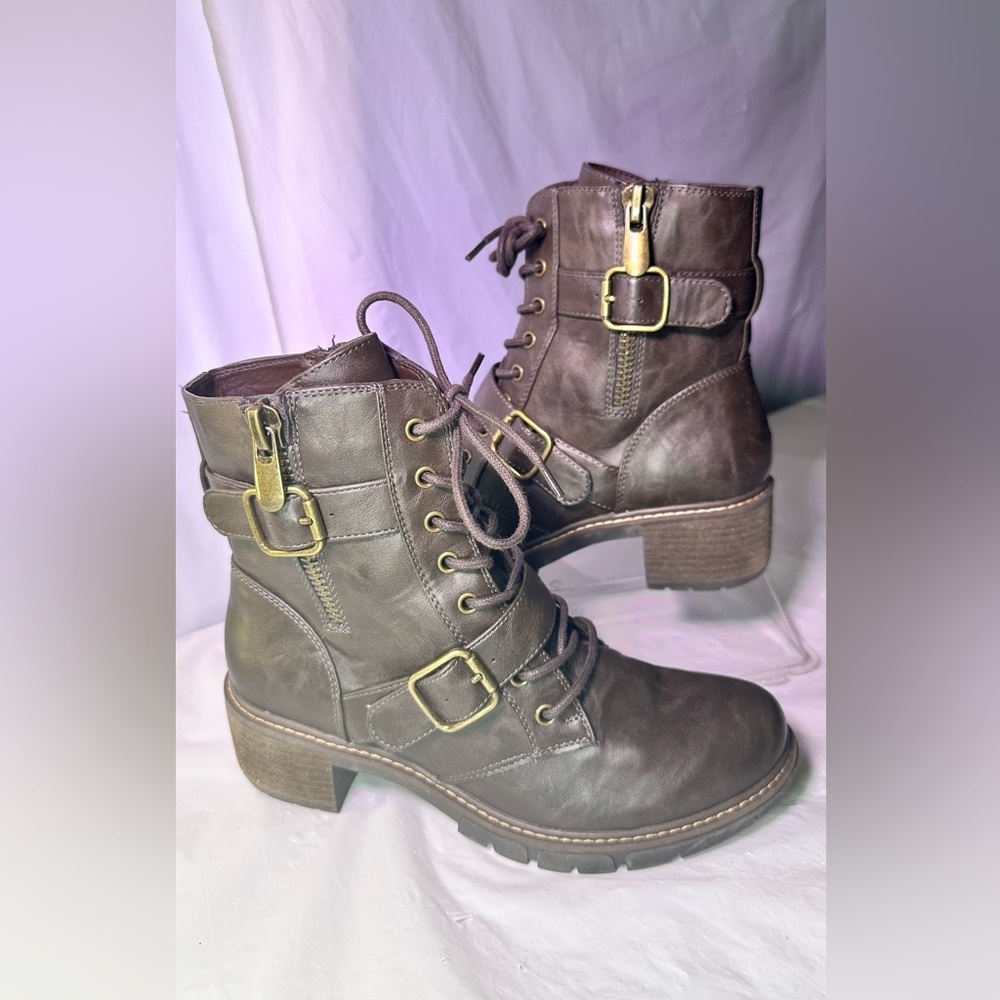 White Mountain Dark Brown Lace-Up Buckle Ankle Boots